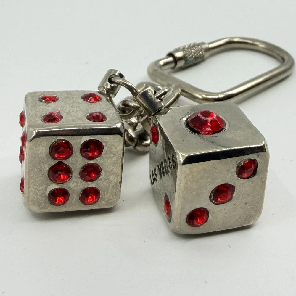 Las Vegas Red Rhinestone Dice Keychain Silver Tone Casino Gambling Souvenir